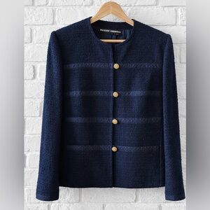 Vintage Richard Carrière Paris Navy Tweed Skirt Suit Set Size 6 Gold Buttons